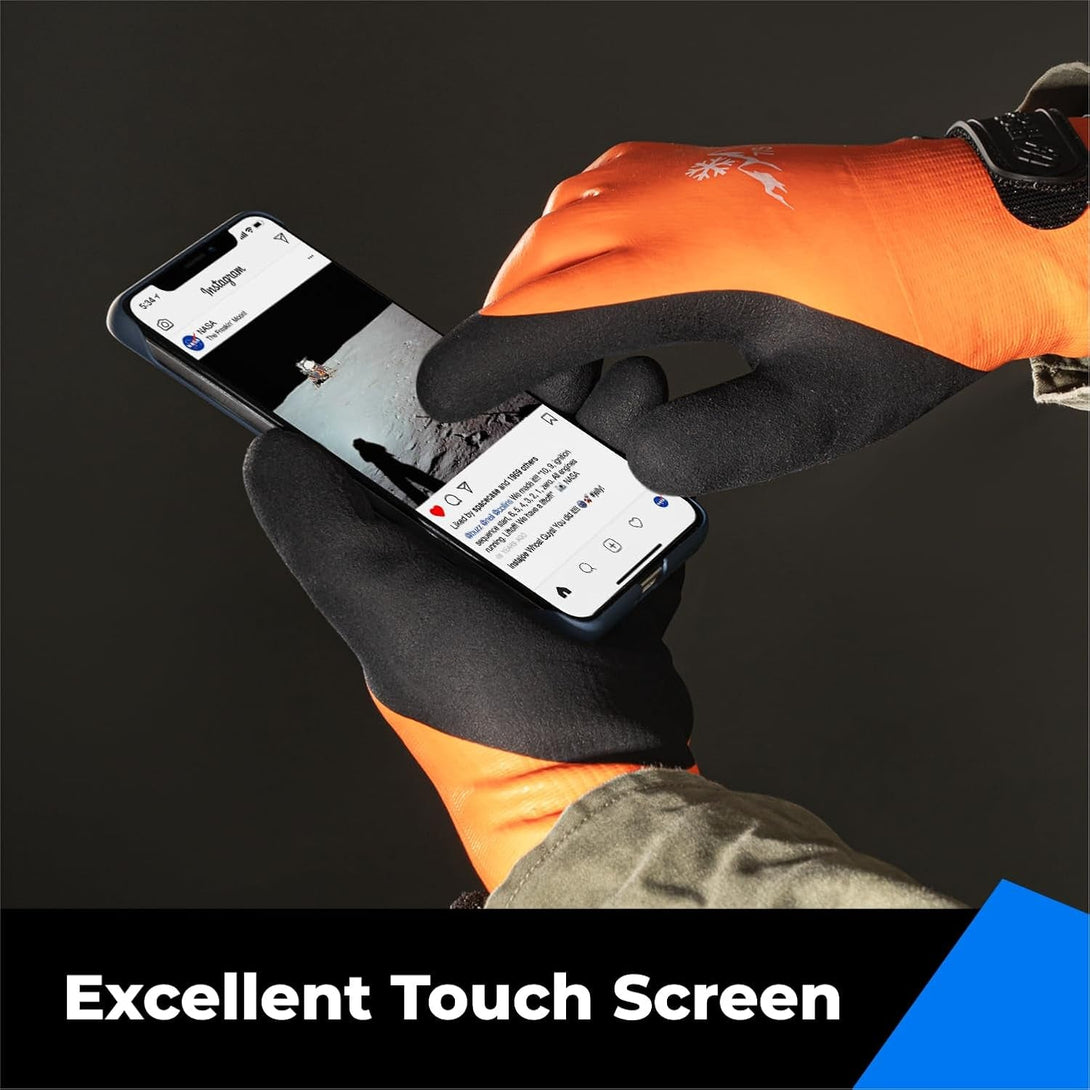 100% Waterproof Gloves for Men and Women, Winter Work Gloves for Cold Weather, Touchsreen, Thermal Insulated Freezer Gloves, with Grip, Orange, Medium