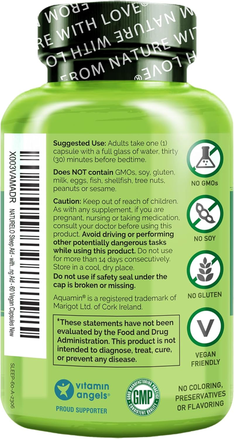 NATURELO Sleep Aid - with Melatonin, Magnesium, GABA, Valerian Root, Lemon Balm, Chamomile Herbal Extracts - Plant-Based Sleeping Aid - 60 Vegan Capsules