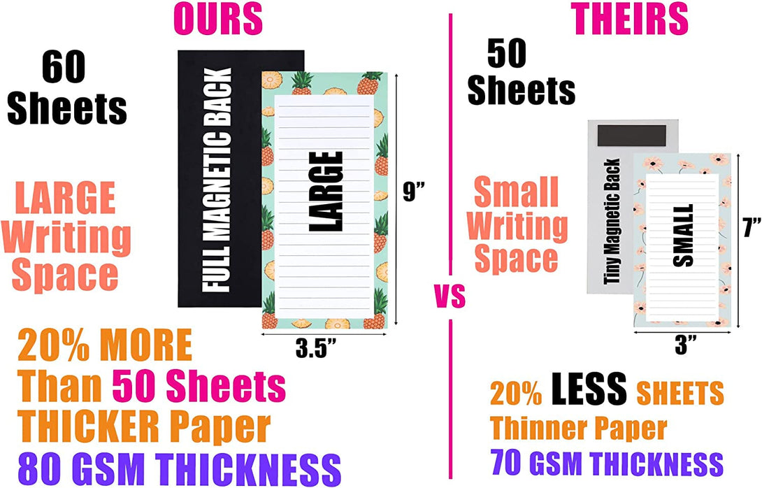 8 Large Magnetic Notepads – Big Notepads for Grocery List, Shopping List, To-Do List, Reminders -Strong Magnetic Back- Memo Pads with Realistic Fruit Designs | 60 Sheets per Pad 9 X 3.5 Inch (8 Pack)