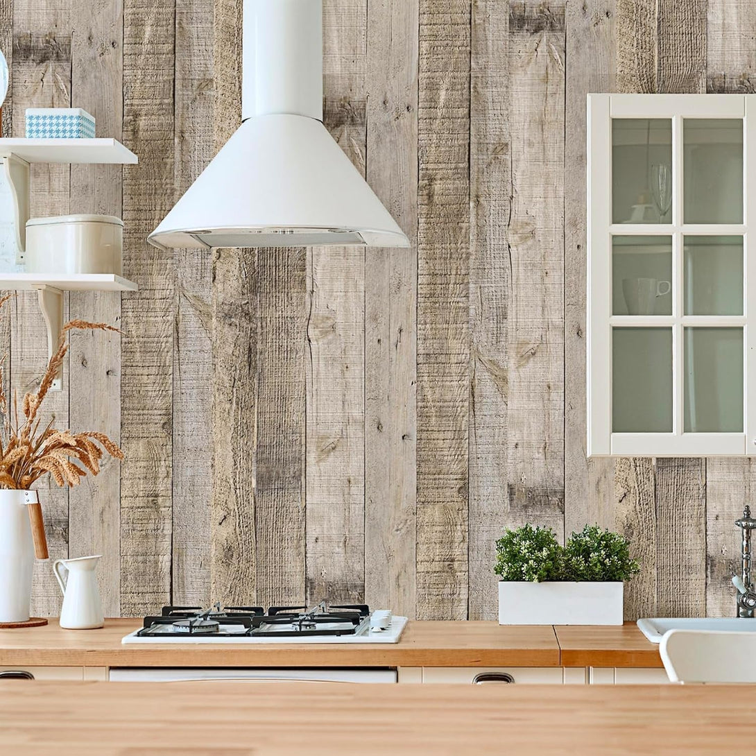 Anmon Peel and Stick Wallpaper Wood Contact Paper, Light Gray Wood Plank Wallpaper 17.7“ X 118”, Shiplap Wall Paper Peel and Stick for Cabinets, Rustic Bathroom Removable Modern Decorative