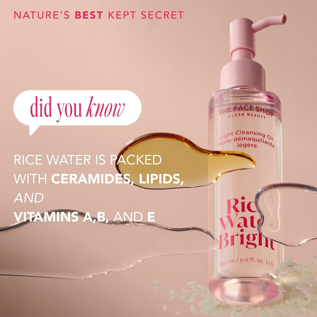 The Face Shop Rice Water Bright Light Facial Cleansing Oil, Daily Makeup Remover, Oil Cleanser, Vegan, Korean Skin Care with Jojoba Oil, Face Pore Cleanser, 150Ml