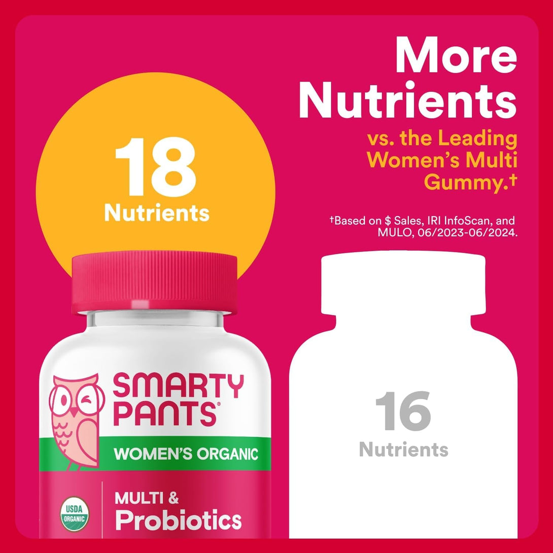 Smartypants Organic Women'S Multivitamin Gummies: Biotin, Probiotics, Methylfolate, Omega 3 (ALA), Vitamin D3, C, Vitamin B12, B6, A, K & Zinc, Inositol, Gluten Free, 120 Count (30 Day Supply)