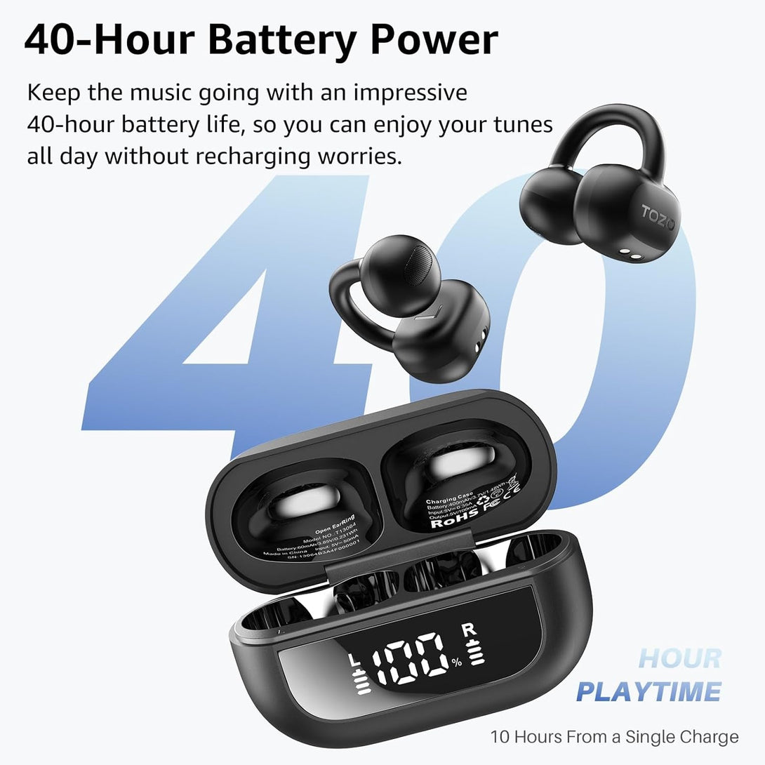 TOZO Openearring True Open Ear Headphones, Lightweight Comfort Open Ear Clip Wireless Earbuds, 40H Play Bluetooth 5.4 Headphones with Smart Digital Display Design Fit Sports Running, Workout Black