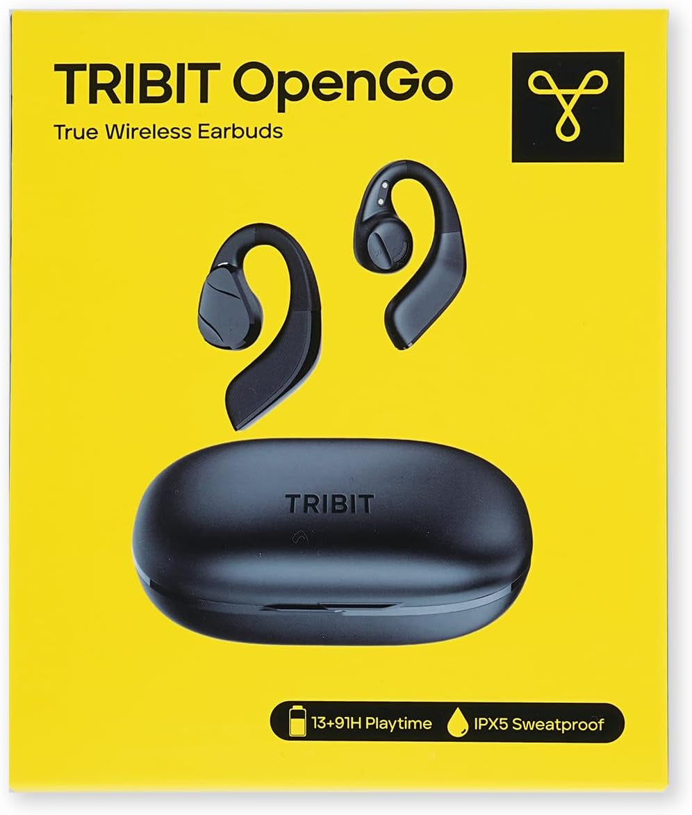 Tribit Open-Ear Headphones Opengo, Wireless Earbuds with Bluetooth 5.3, IPX5 Waterproof Sport Earphones, 104H Playtime with Charging Case, Ergonomic Earhooks, LED Display, Built-In Mic for Workout
