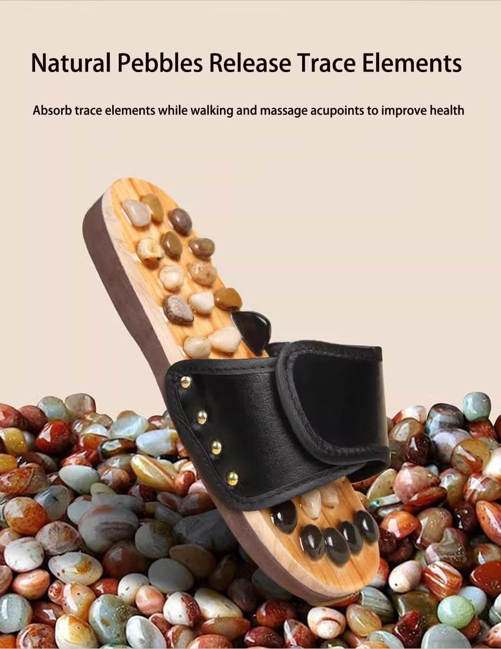 Reflexology Foot Massager Slipper Acupuncture Massage Sandals with Natural Stones Acupoint Massage Shiatsu for Foot Pain Relief Suit for Men and Women (M) Black