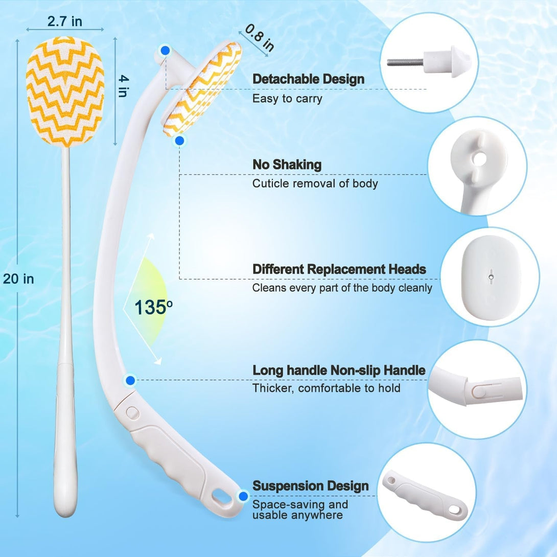 Celestite 20” Long Handle Shower Brush for Body, Back Scrubber for Shower with 3 Pcs Brush Heads, Exfoliation and Improved Skin Health Suitable for Women, Men, Elderly (White)