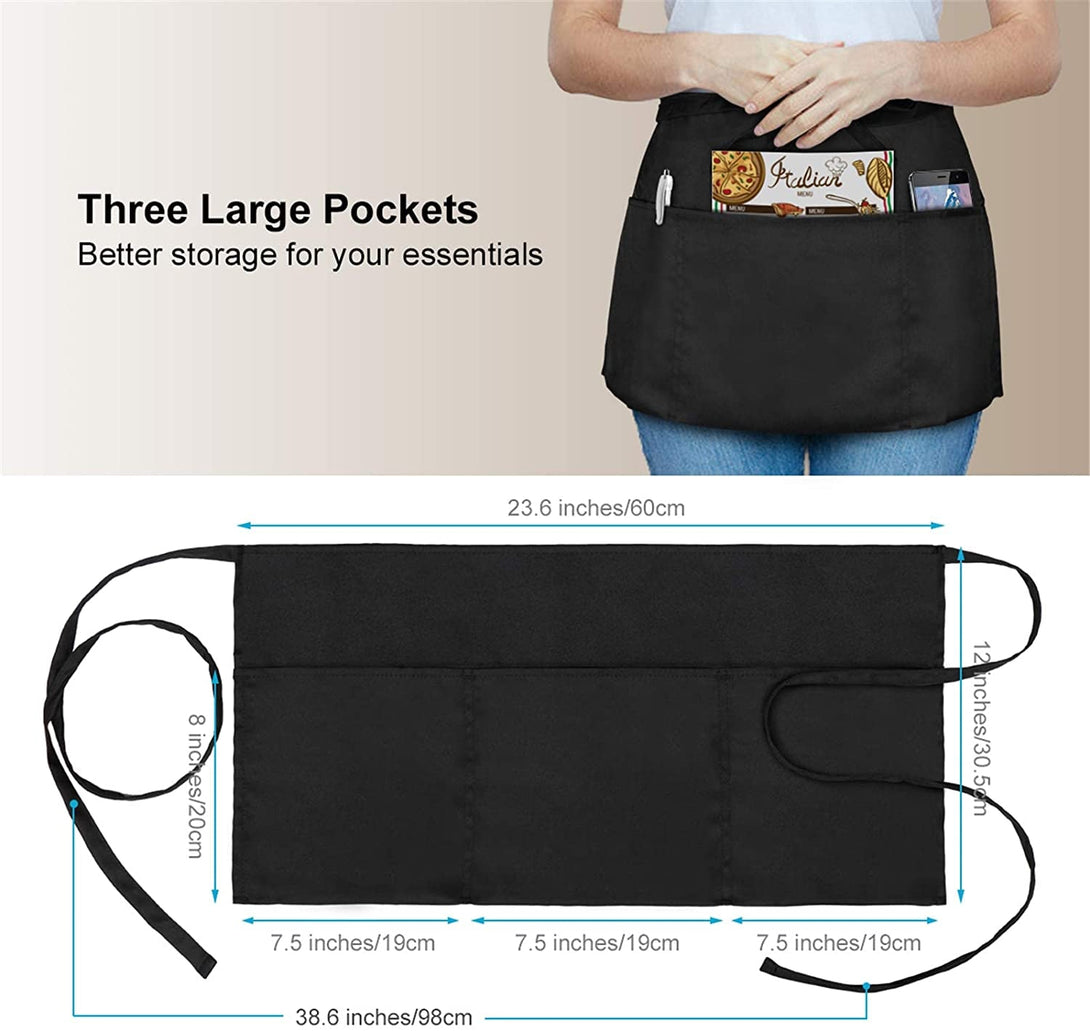 2 Pack Waist Apron with 3 Pockets - Water & Oil Resistant - Black Waitress Apron - Half Aprons for Women, 12 Inch Server Apron with Pocket - Black Aprons for Servers - Waitress Apron with Pockets