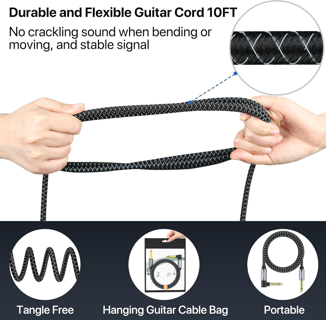 1/4 Inch TS Guitar Instrument Cable 10Ft Right Angle to Straight 6.35Mm Guitar Bass AMP Cord Braided,For Electric Guitar, Bass AMP, Keyboard, Mixer with 2 Covers (Braided Black White, 10FT)