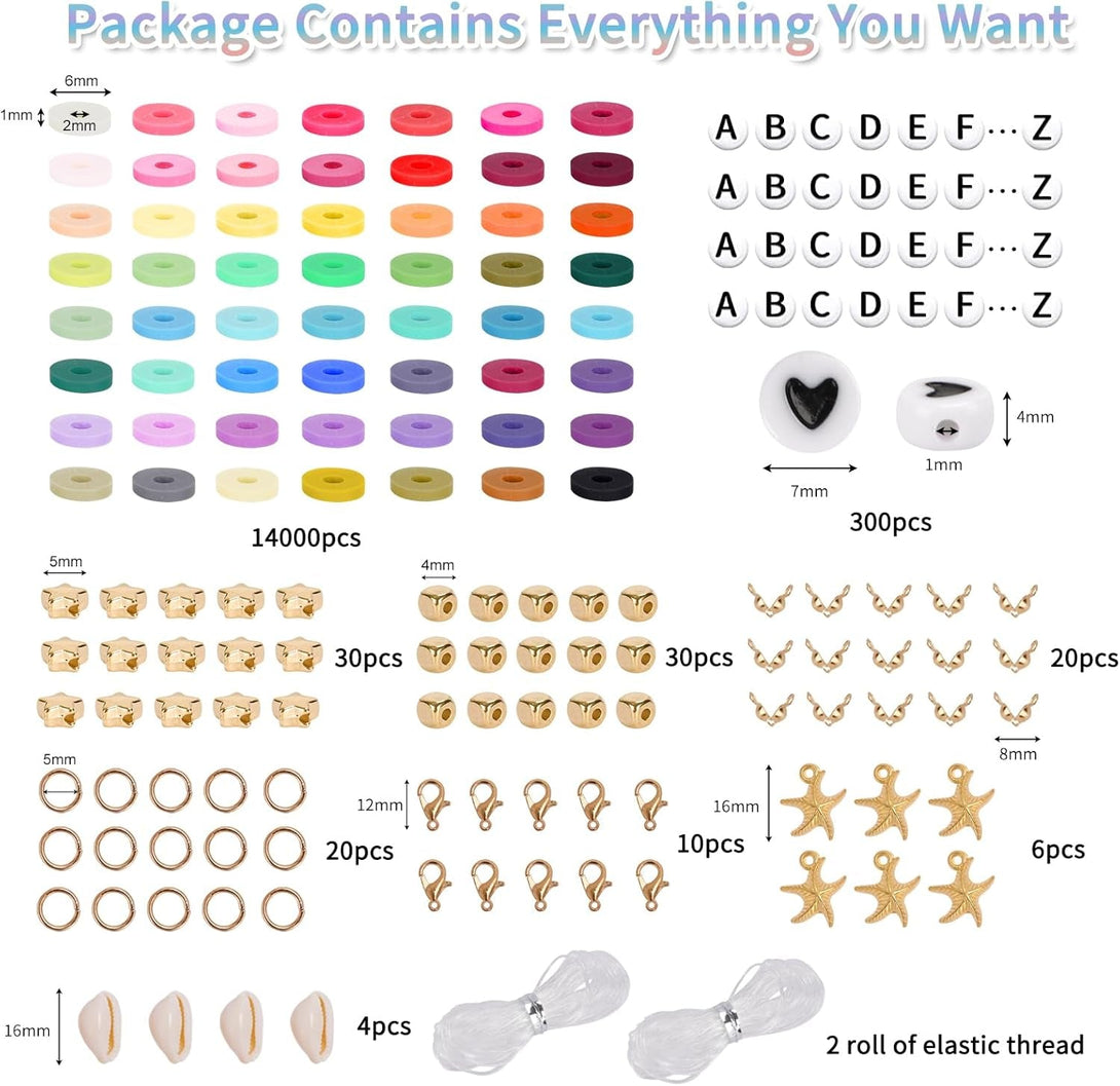 QUEFE 14420Pcs Beads for Bracelet Making Kit, 56 Colors Spacer Heishi Beads Flat round Polymer Clay Beads with Pendant Charms Kits and Elastic Strings