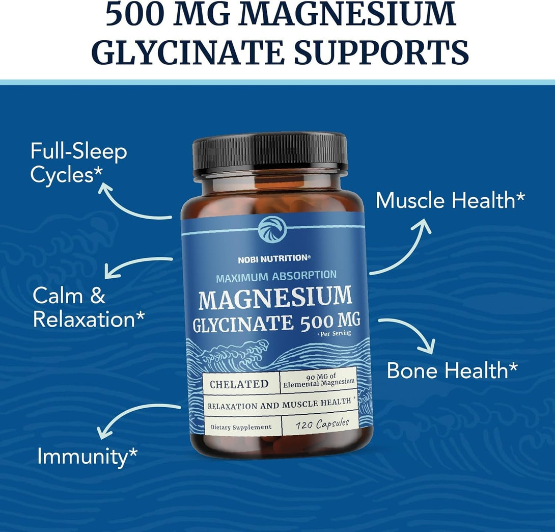 Magnesium Glycinate 500Mg | High Absorption | Chelated for Muscle Relaxation, Bones, Heart, Nerve, Sleep & Calm Support for Women & Men | Magnesium Chelate Supplement & Bisglycinate Complex | 120Ct