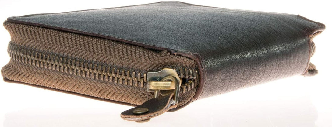 FLW Small Strong Oiled Genuine Leather Wallet with Metal Zipper around without Logos
