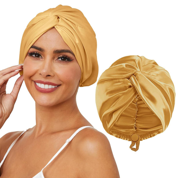Adjustable Silk Satin Hair Bonnet for Sleeping, Double Layer Hair Wrap Sleep Cap Turban for Women Men, Curly Straight Long Large Braid Unisex (Golden Yellow 59)