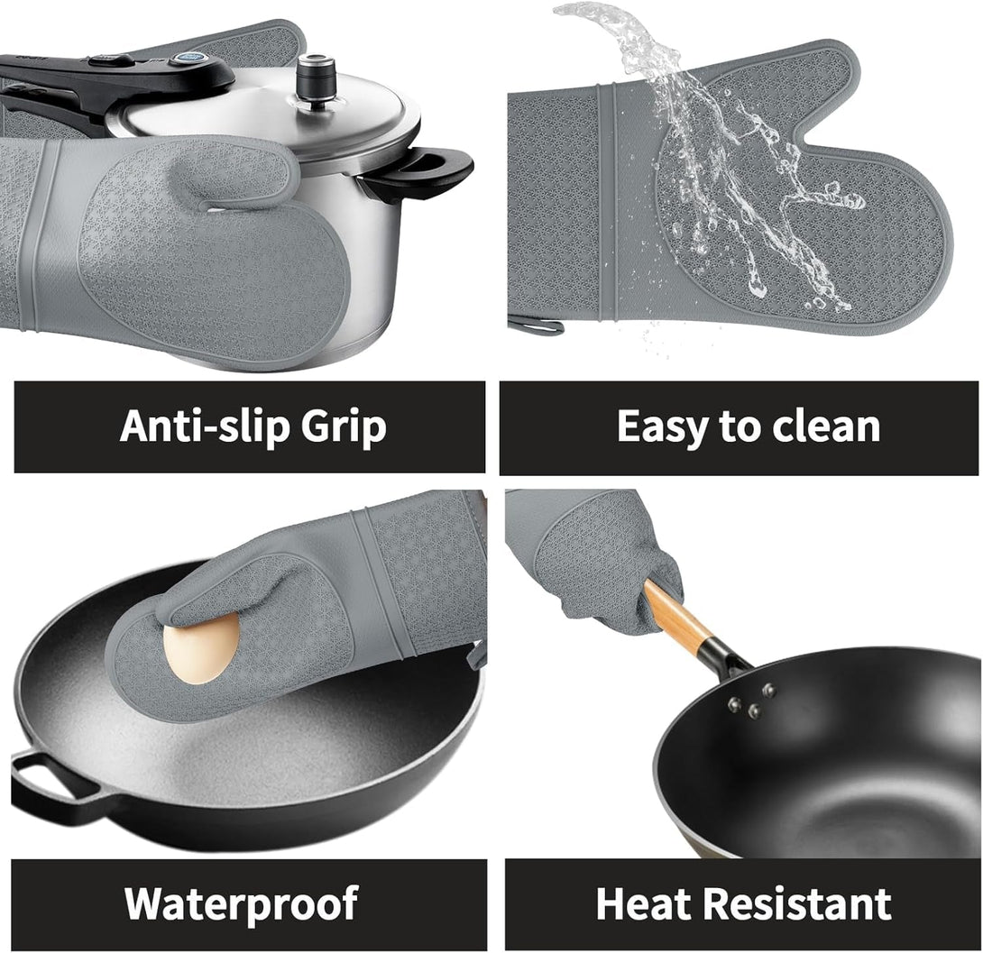 Hovico Silicone Oven Mitts, Oven Gloves with Non-Slip Waterproof - 2PCS Grey Oven Mittens Heat Resistant 600 Degree, Soft Lining Silicone Oven Mits for Cooking Baking Kitchen Mitten
