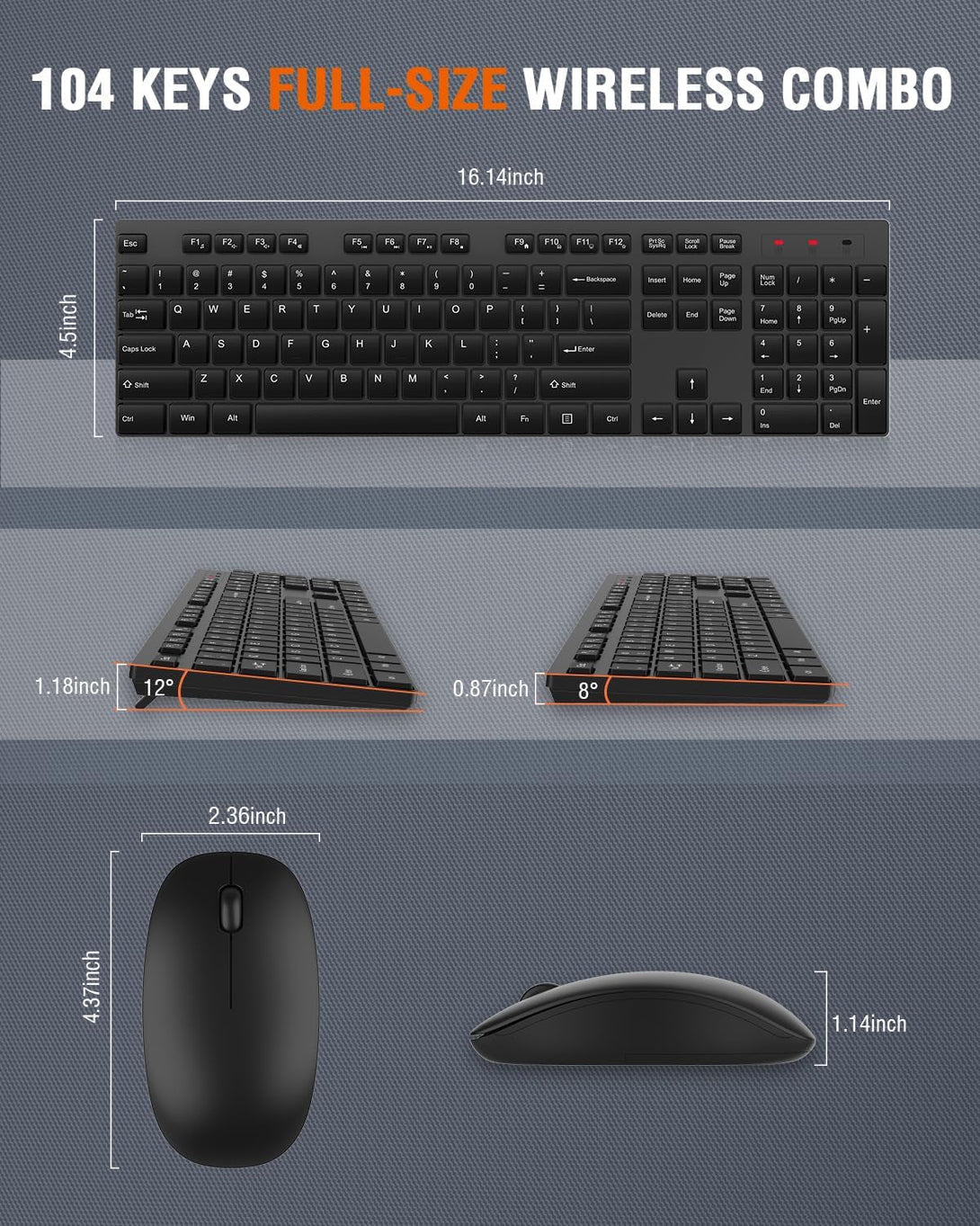 Wireless Keyboard and Mouse Combo, EDJO Silent Full Size Cordless USB Keyboard Mouse, 2.4Ghz Lag-Free, Long Battery Life, for Computer, Laptop, PC, Chromebook, Windows (Black, 1 Pack)