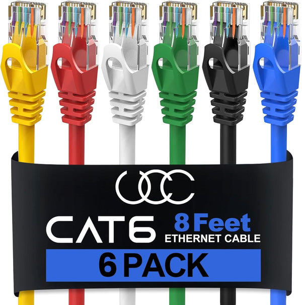 Cat6 Ethernet Cable, 8 Feet (6 Pack) LAN, Utp Cat 6, RJ45, Network Cord, Patch, Internet Cable - 8 Ft