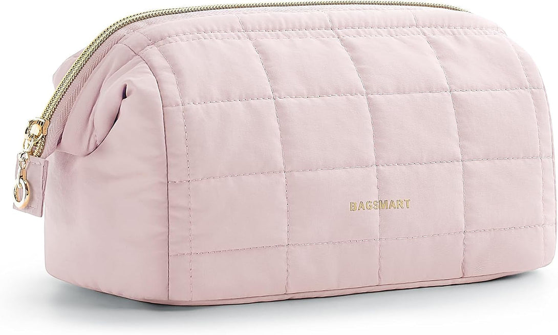 BAGSMART Makeup Bag Travel Toiletry Bag, Puffy Padded Make up Bags for Women Makeup Organizer Case, Wide-Open Pouch Purse Travel Essentials Toiletries Accessories Brushes, Pink