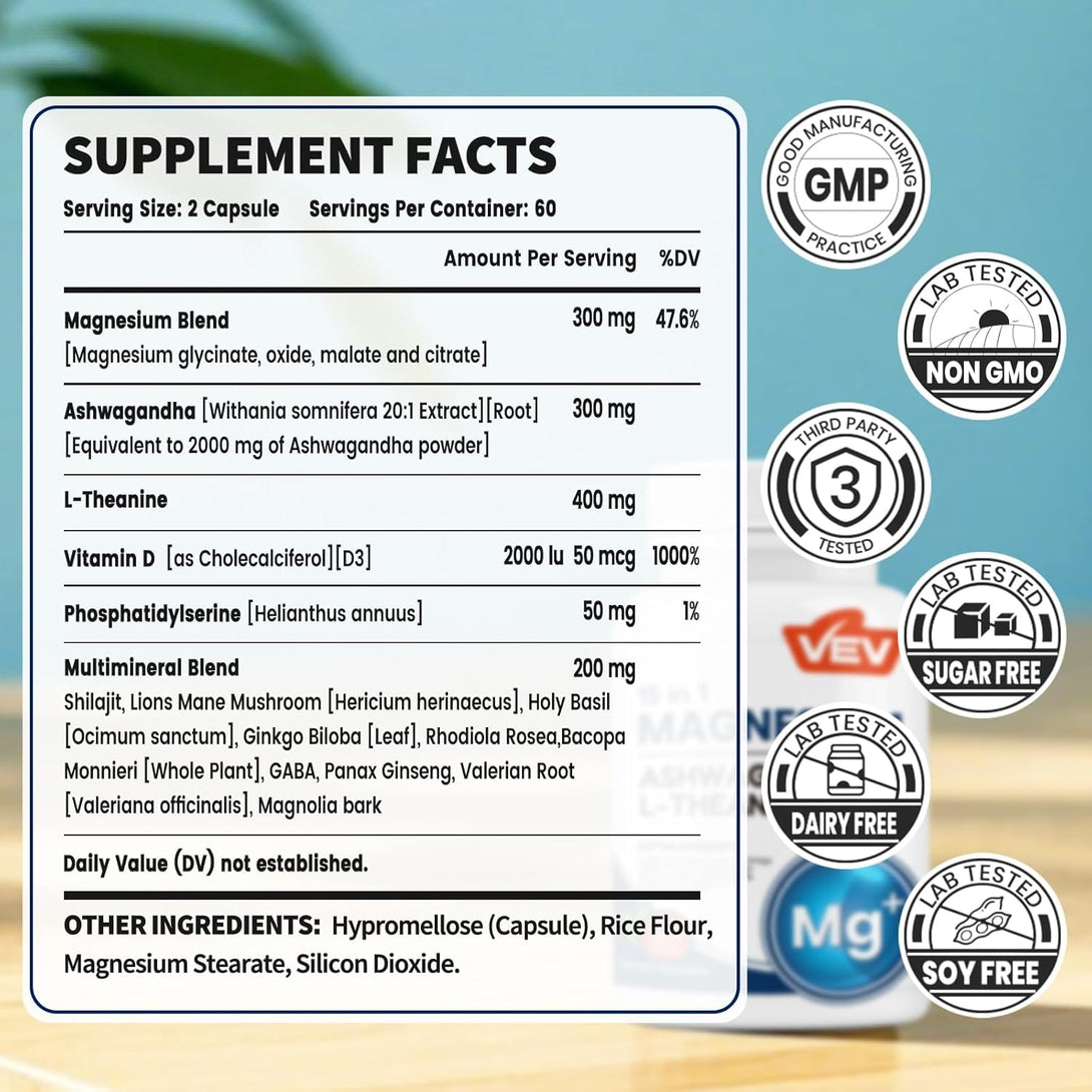 VEV Magnesium Glycinate & Citrate Cortisol Supplements for Women, Stress and Sleep Support with Ashwagandha & L-Theanine, Cortisol Manager, 120 Vegan Capsules