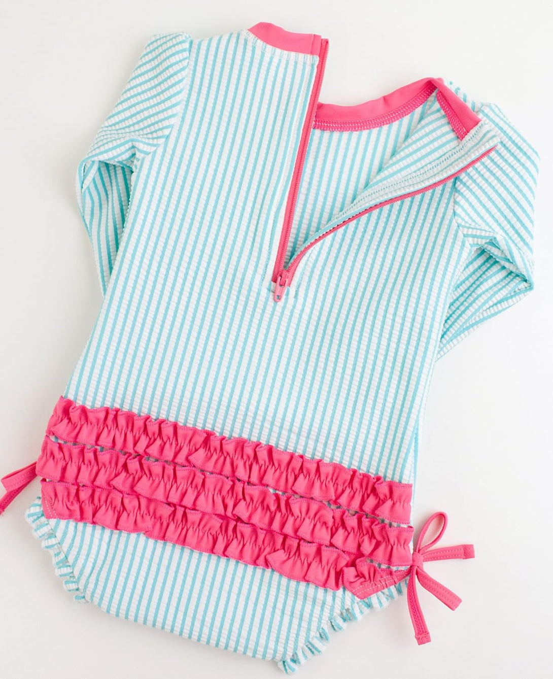Rufflebutts Baby/Toddler Girls Seersucker Long Sleeve One Piece Rash Guard Swimsuit with UPF 50+ Sun Protection