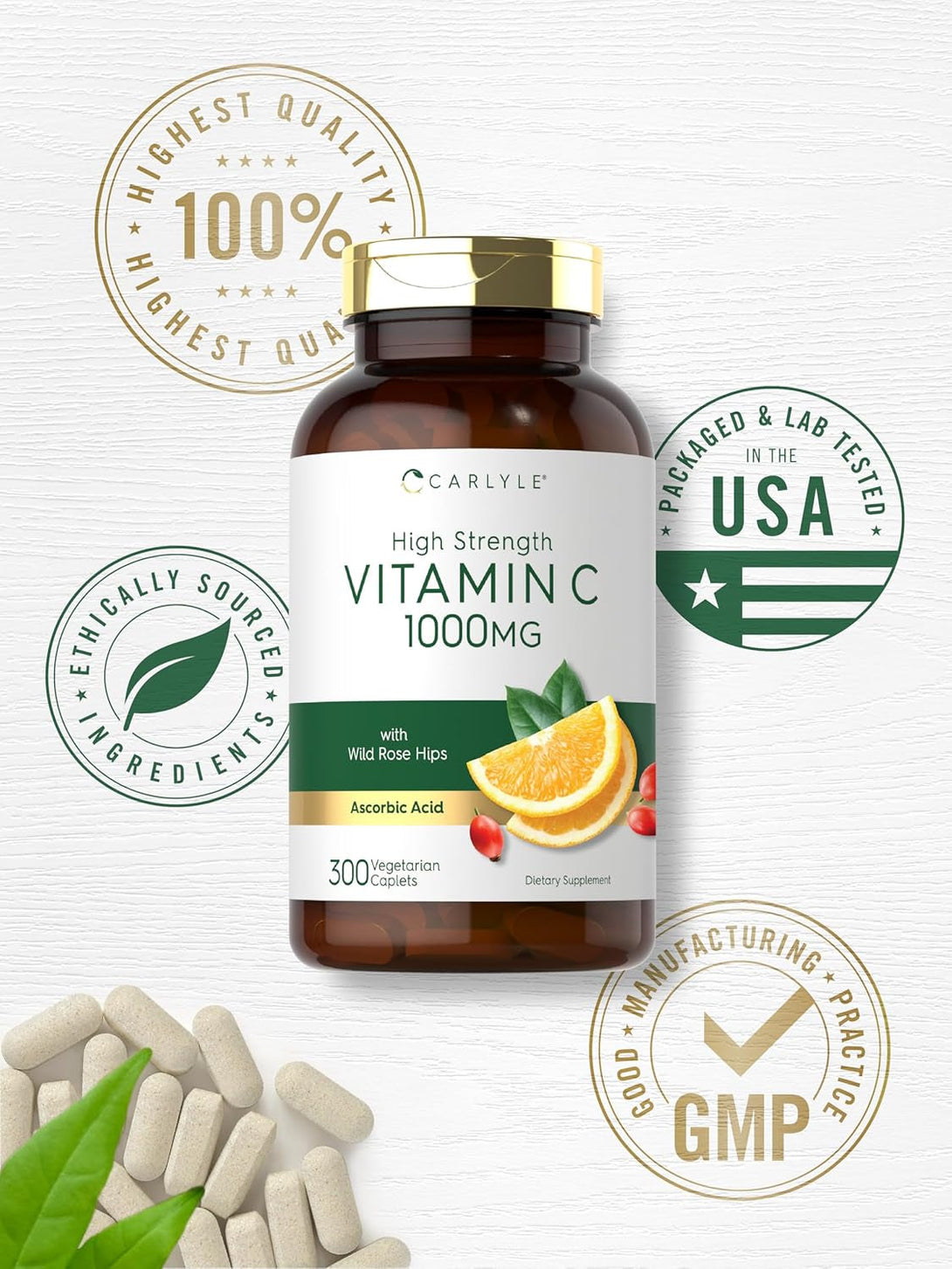 Carlyle Vitamin C 1000Mg | 300 Vegetarian Caplets | Ascorbic Acid with Wild Rose HIPS | High Strength Formula | Non-Gmo and Gluten Free Supplement