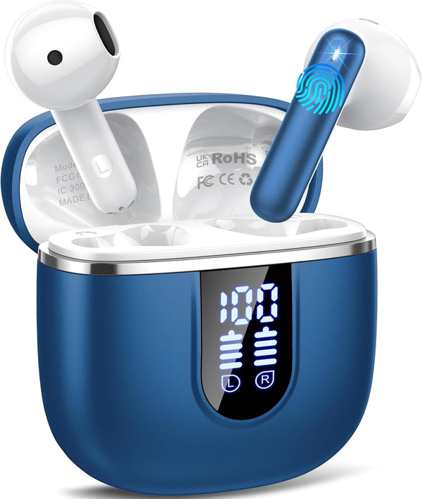 Wireless Earbuds, 2025 Bluetooth 5.4 Headphones in Ear Buds 3D Bass Stereo, 40H Ultralight Bluetooth Earbuds with 4 ENC Noise Cancelling Mic, USB-C, IP7 Waterproof Earphones for Android Ios Pad, Blue
