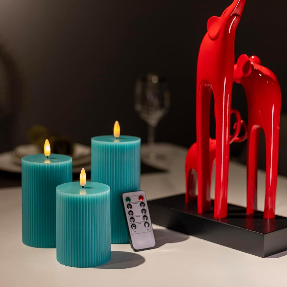 ANGELLOONG Teal Flameless Candles with Remote, Battery Operated LED Candles with Timer, Set of 3, Real Wax Fake Pillar Candles for Bathroom Living Room Summer Wedding Deocr