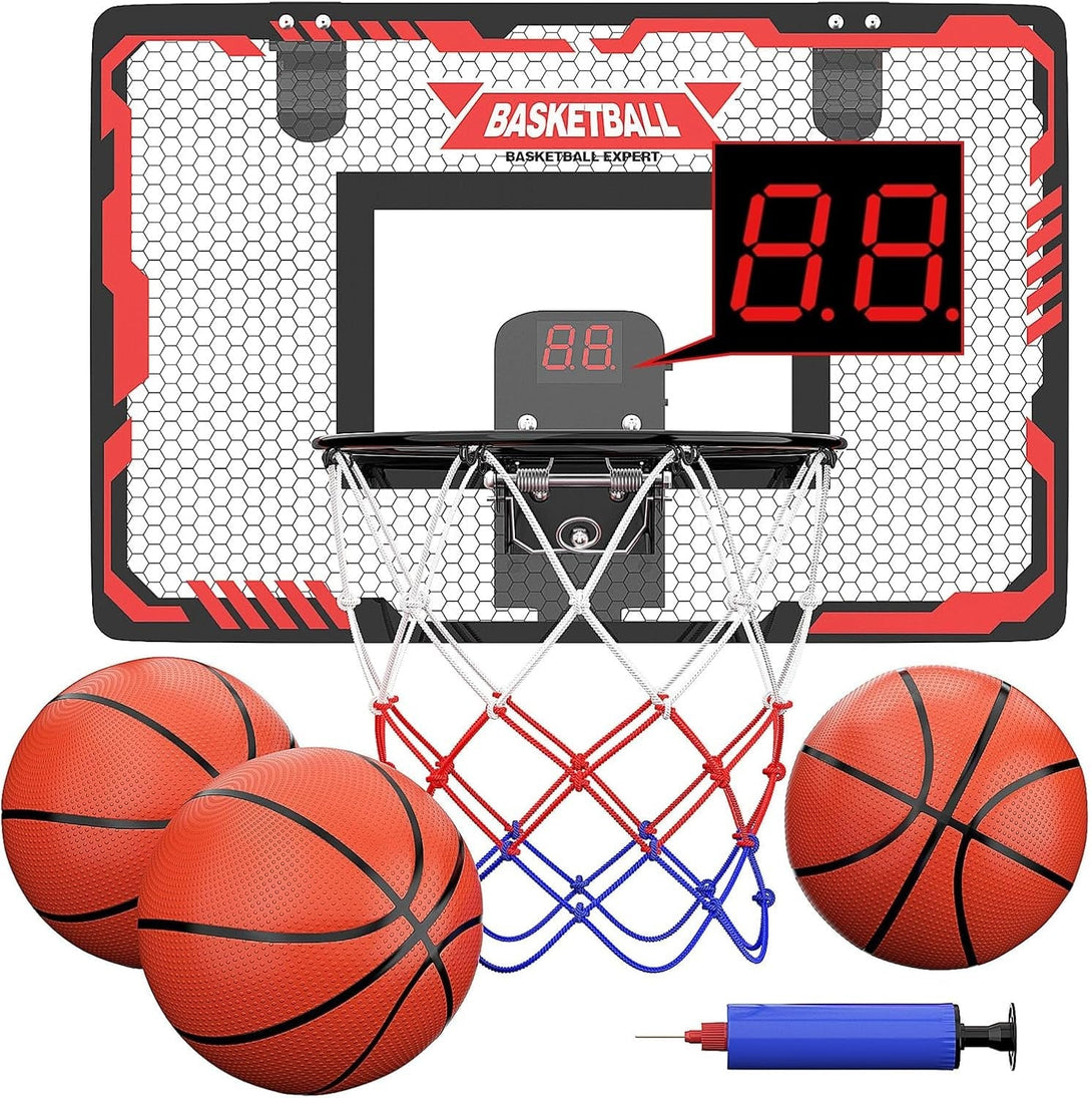 Basketball Hoop Indoor, over the Door Basketball Hoop with Electronic Scoreboard, Mini Basketball Hoop for Bedroom Office Wall, Basketball Toys Gifts for Boys Teens Adults 3 4 5 6 7 8 9 10 11