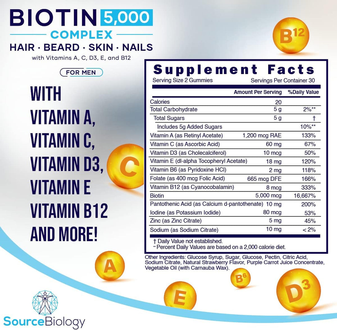 Biotin 5000 Mcg Complex - Hair, Beard, Skin, Nails Formula for Men - High Potency Vegan Friendly Gummies - with Vitamins A, C, D3, and B12