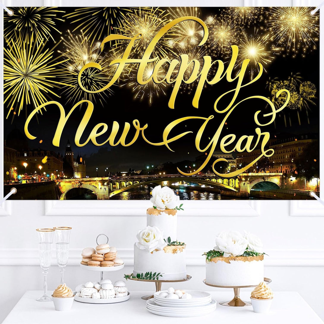 Happy New Year Party Backdrop Fabric Sign Poster Banner with Pattern Firework for New Year Party Decoration Photo Props Background Supplies