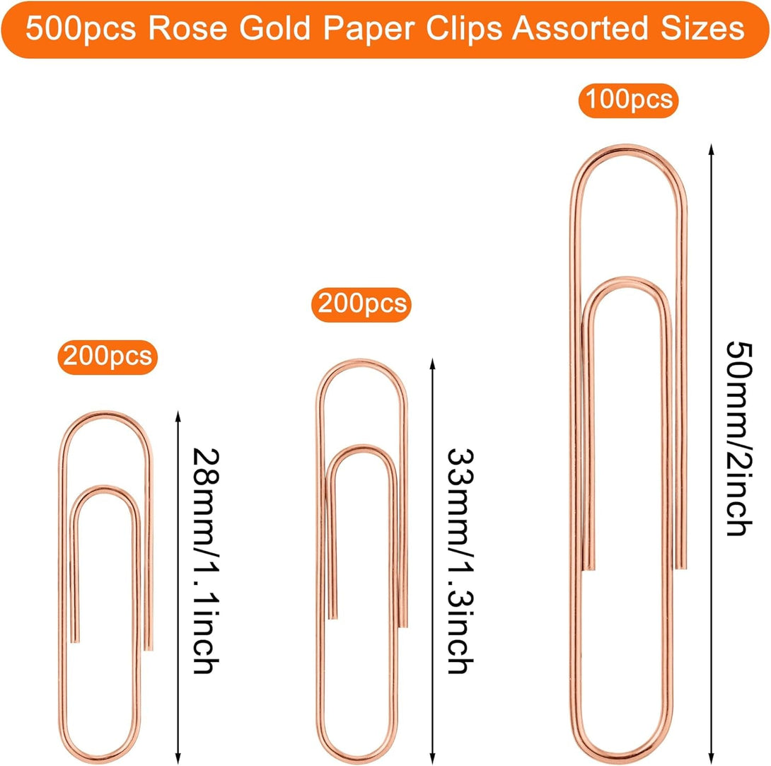 500Pcs Rose Gold Paper Clips Assorted Sizes Small, Medium and Large Paperclips for Paperwork Ideal for Home, School and Office Use