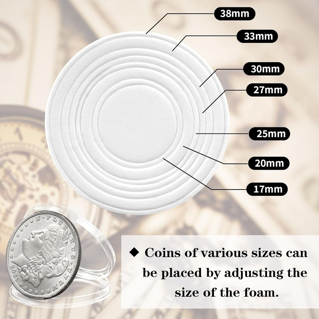 63PCS Silver Dollar Coin Holder, Clear Coin Capsules, Coin Holders for Collectors, Plastic Coin Case for Morgan Silver Dollar, Coin Protectors with Adjustable Gasket (17/20/25/27/30/33/38/40Mm)