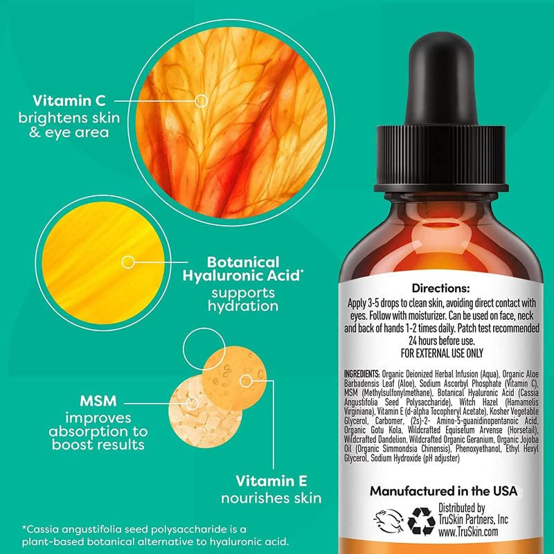 Truskin Vitamin C Serum for Face – anti Aging Formula with Vitamin C, Hyaluronic Acid, Vitamin E – Brightening Serum – Improve Appearance of Dark Spots, Tone, Fine Lines & Wrinkles, 2 Fl Oz