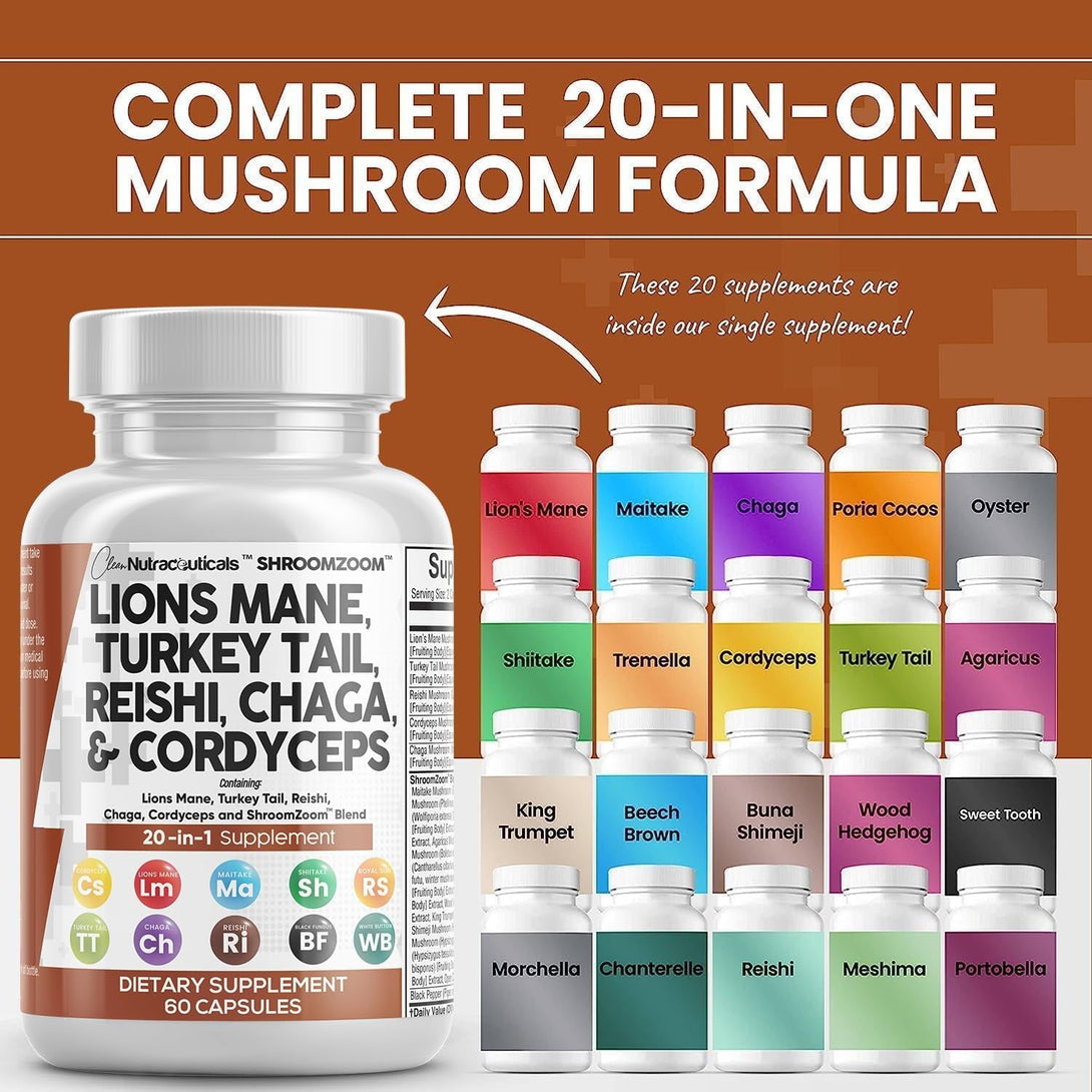 Clean Nutraceuticals Lions Mane 20In1 Mushroom Supplement with Turkey Tail Reishi Cordyceps Chaga Maitake Meshima Poria Cocos Shiitake Oyster Porcini Enoki - Pack