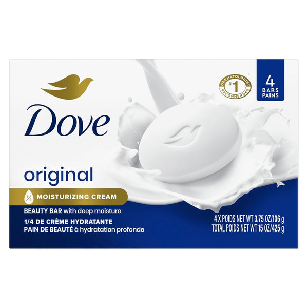 Dove Beauty Bar Gentle Skin Cleanser Moisturizing for Gentle Soft Skin Care Original Made with 1/4 Moisturizing Cream 3.75 Oz, 4 Bars