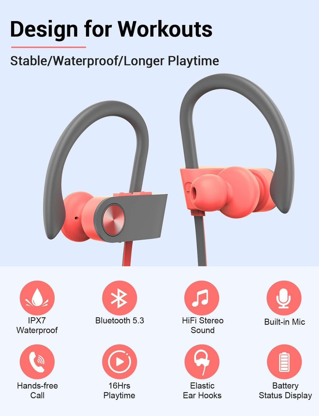Stiive Bluetooth Headphones, Wireless Sports Earbuds IPX7 Waterproof with Mic, Stereo Sweatproof In-Ear Earphones, Noise Cancelling Headsets for Gym Running Workout, 16 Hours Playtime - Pinkgrey