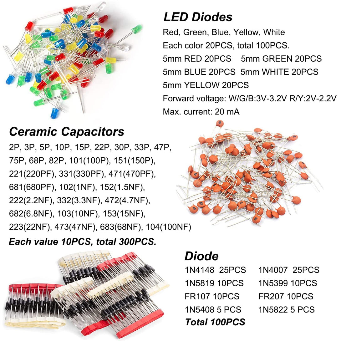 1400Pcs Basic Electronics Component Assortment Kit, Electrolytic Capacitor, Ceramic Capacitor, LED Diode, Common Diode, Resistor, Transistor Component for Arduino, Electronic DIY Project