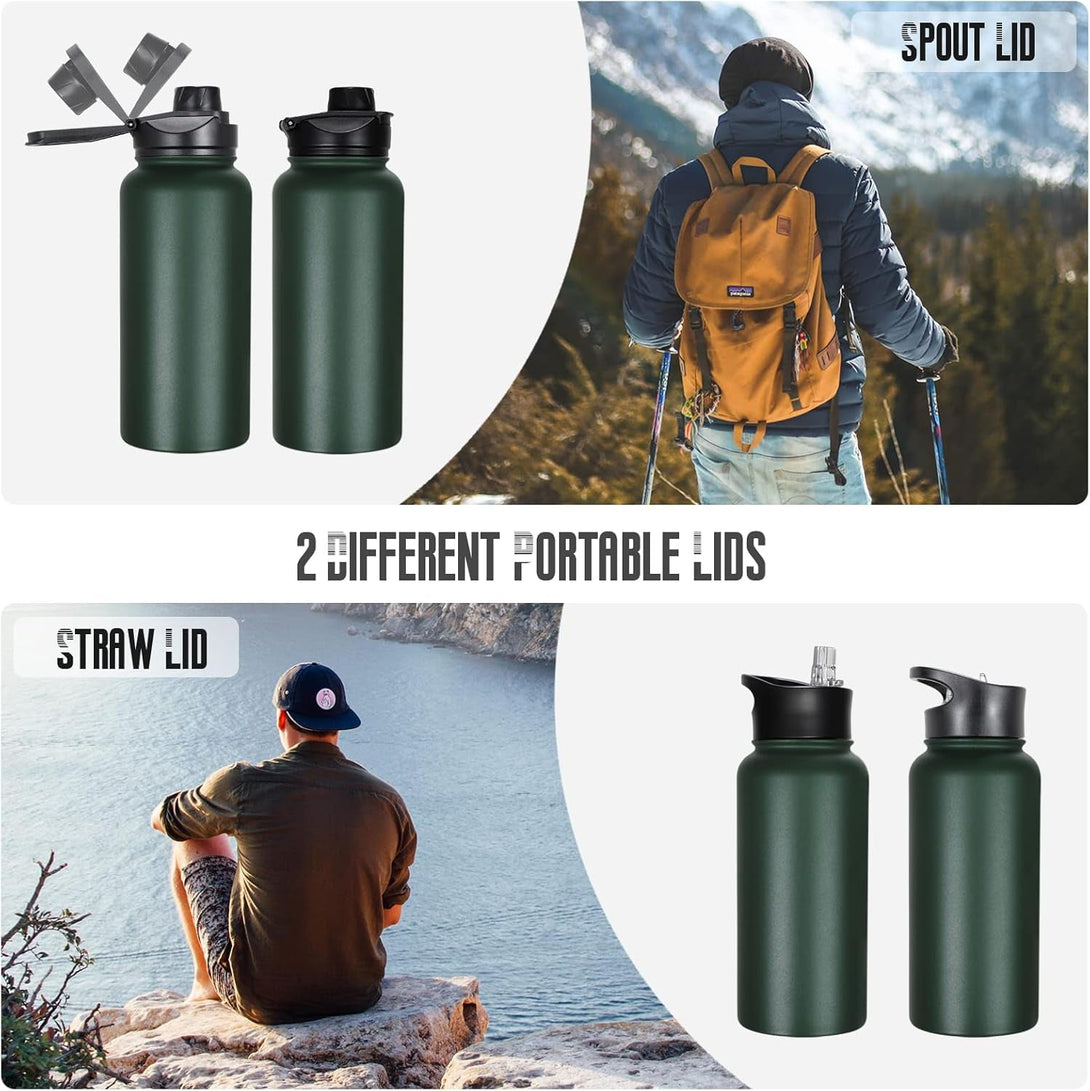 32 Oz Insulated Water Bottle Bulk 4 Pack, Stainless Steel Sports Water Bottles with Straw Lid & Wide Mouth Lids, Double Walled Vacuum, Leak Proof, Dark Green