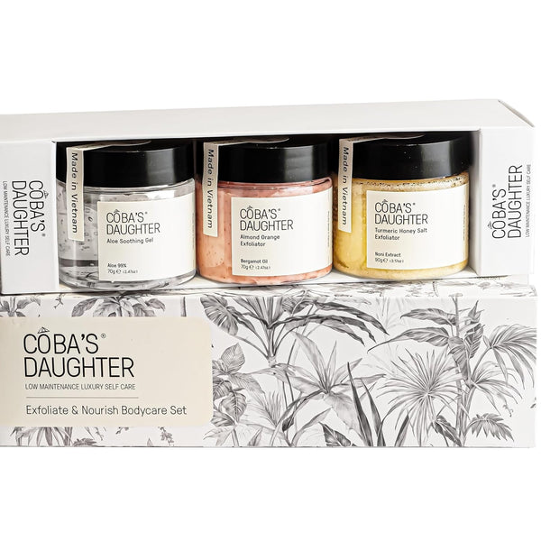 COBA'S DAUGHTER 3-Piece Body Care Gift Set | Women'S Gift Set| Honey Turmeric Scrubs & Almond Orange Scrubs | Soothing Aloe Vera Gel| Shower Therapy for Women| Travel Size Beauty