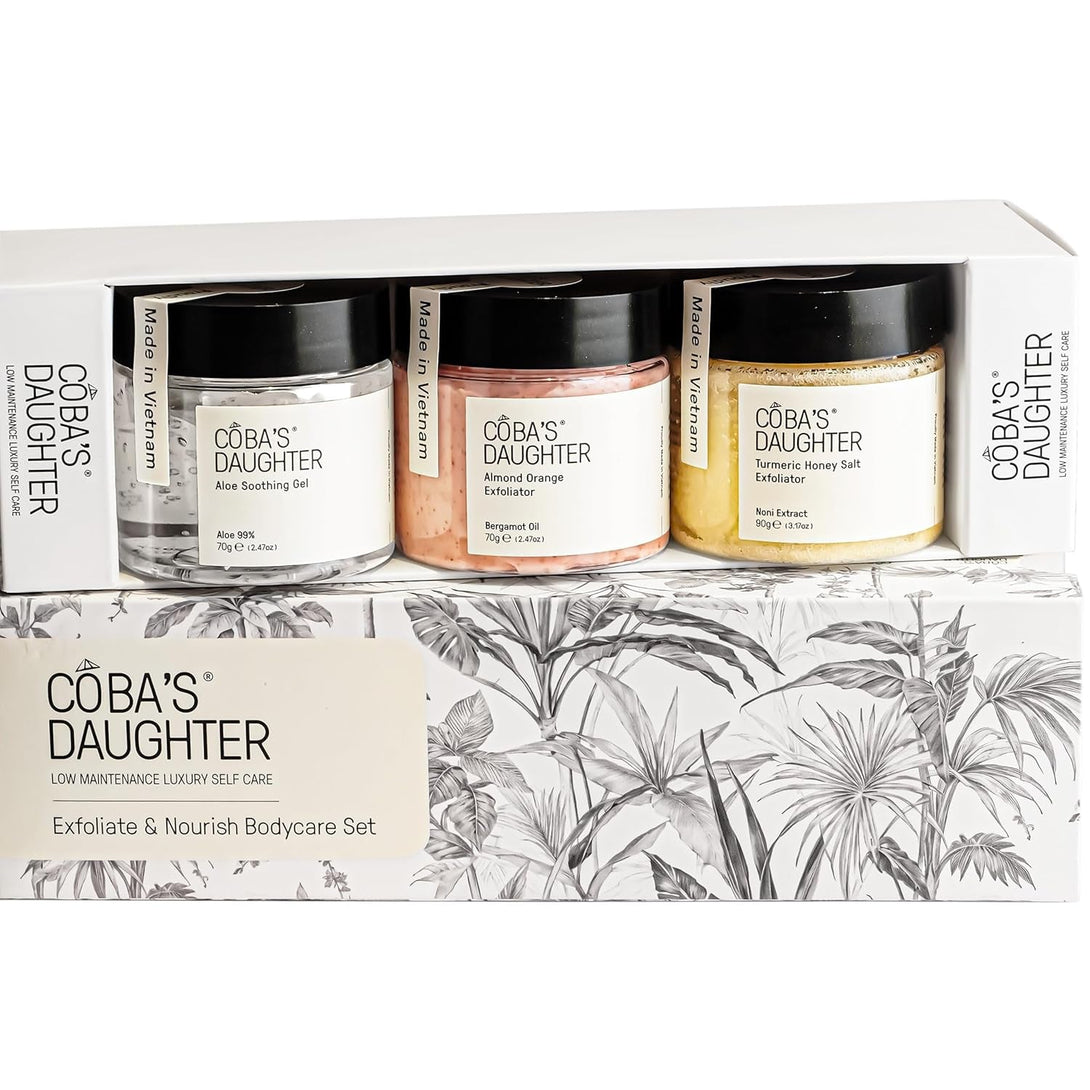 COBA'S DAUGHTER 3-Piece Body Care Gift Set | Women'S Gift Set| Honey Turmeric Scrubs & Almond Orange Scrubs | Soothing Aloe Vera Gel| Shower Therapy for Women| Travel Size Beauty