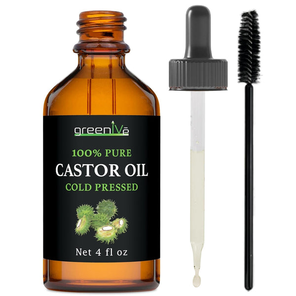 Greenive Castor Oil Organically Grown 100% Pure 4 Fl Oz Bottle Cold Pressed, Hexane Free, Eyelash and Eyebrow Growth Serum, Skin Moisturizer Detox and Wraps