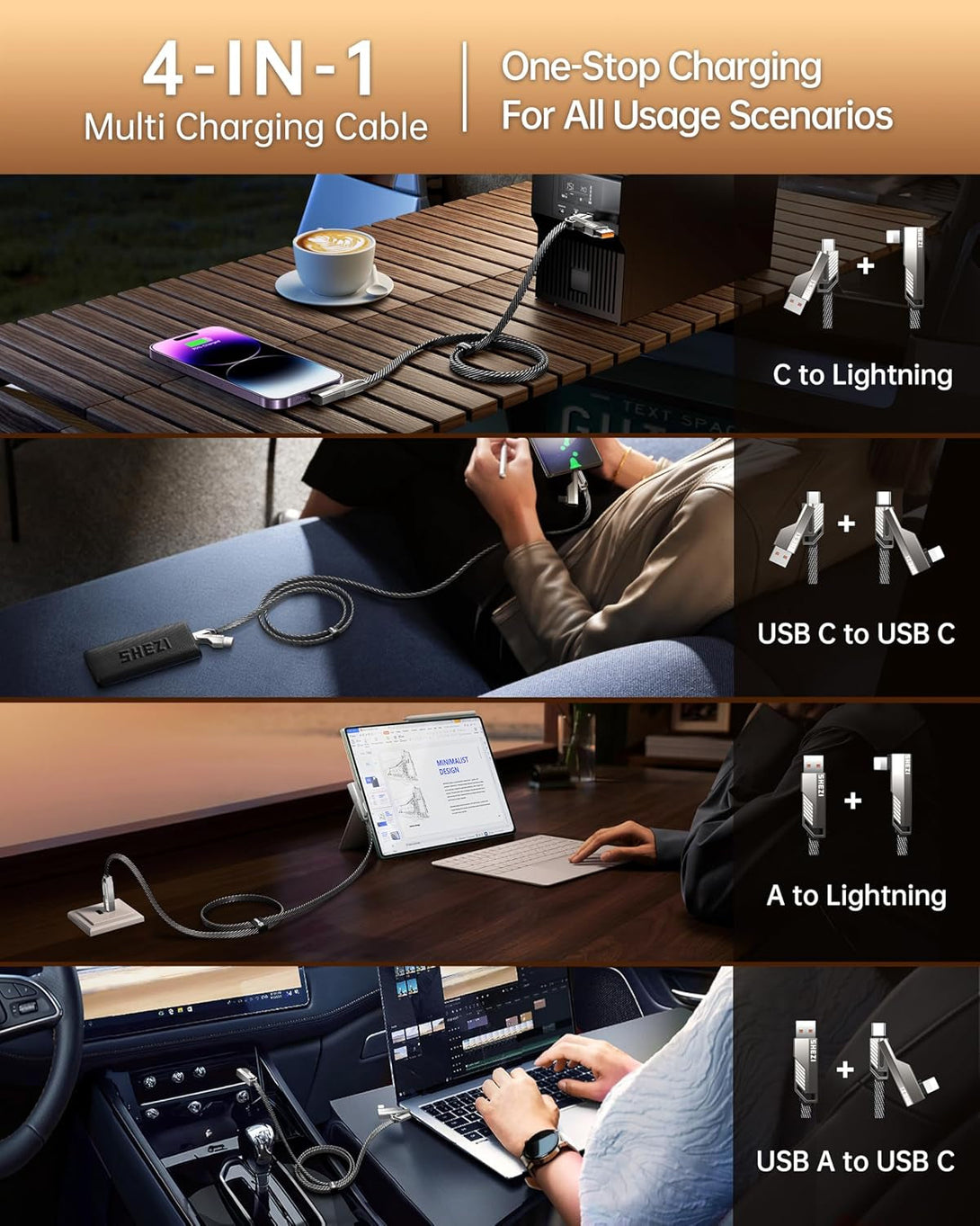 4-In-1 USB C Cable 5FT Lightn-Ing Cable 90 Degree Fast Charging Flat Nylon Braided for Iphone/Ipad Charger Cord Multi Charge Cord with Lightn-Ing/Usb C/USB a Ports (SHEZI Series)