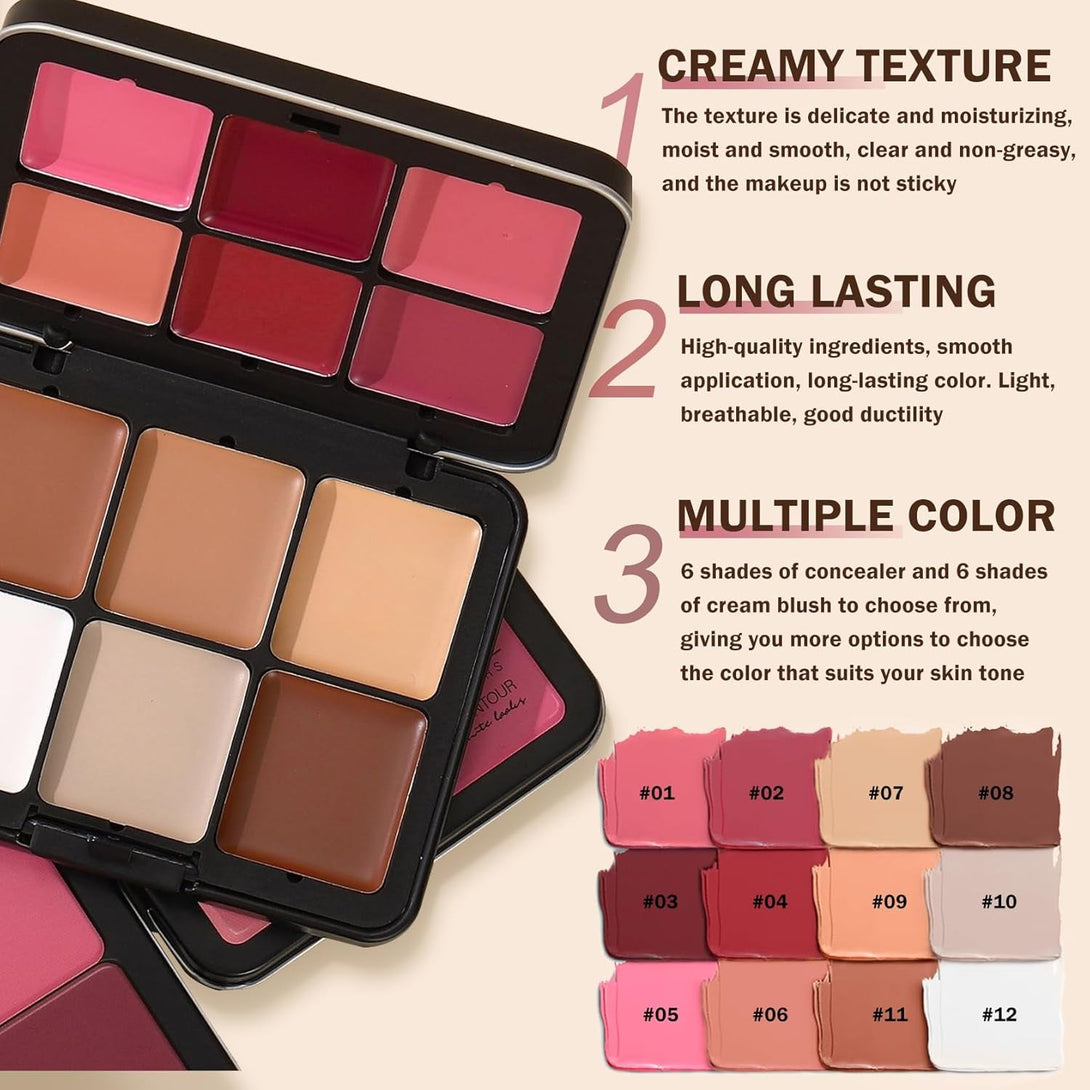 12 Colors Cream Blush Palette Cream Concealer Foundation Palette,Natural Matte Face Makeup Palette with Brush