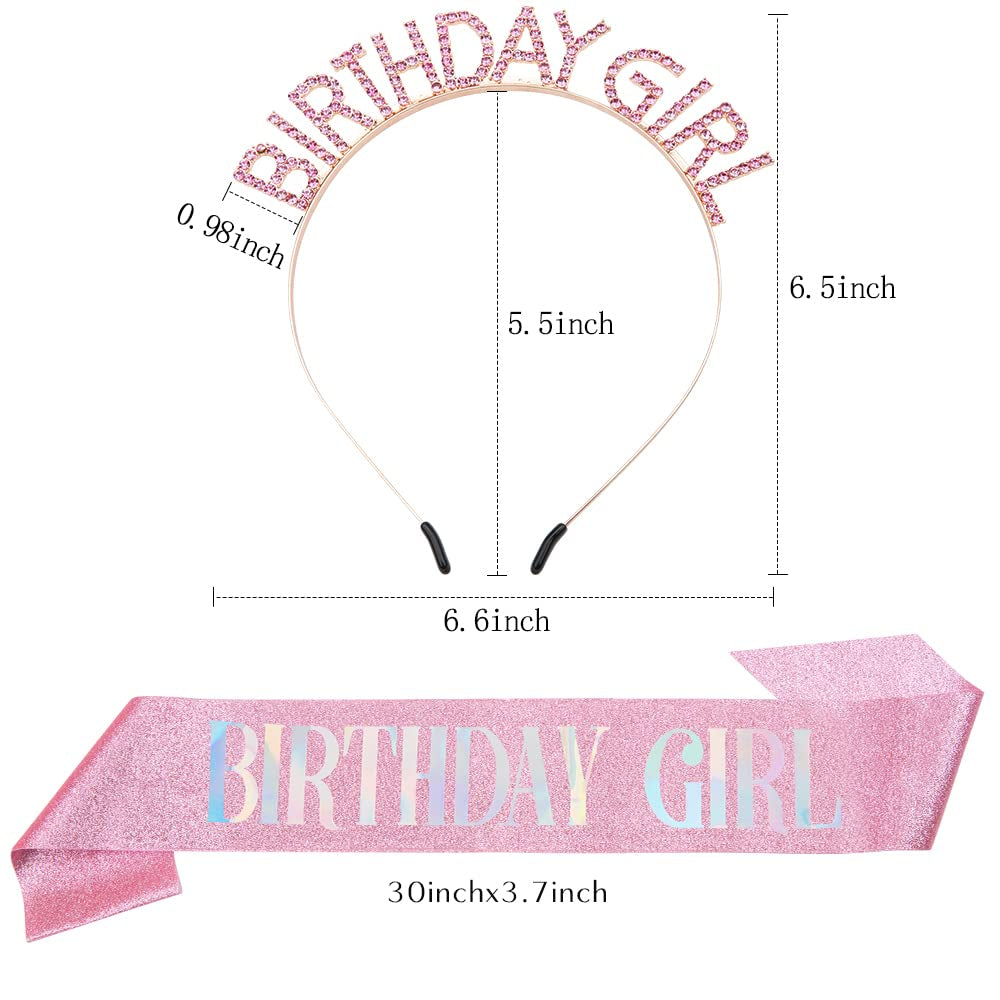 Glitter Birthday Sash, Tiara and Rhinestone Headband Set - Pink Birthday Accessories for Her