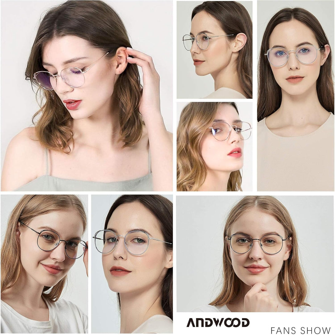 ANDWOOD Blue Light Blocking Glasses Women Cat Eye Computer Eyeglasses Metal Frame Hipster 2 Pack