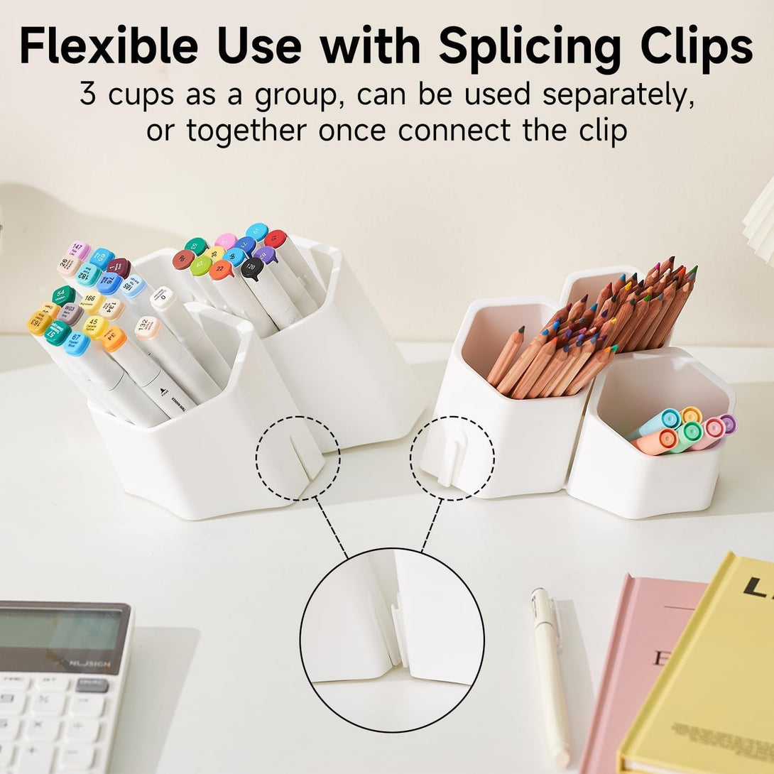 6 Cup Splicing Clips Pen Holder, Modular 65° Desk Organizer for Markers, Pencils, and Pens - Ideal for Office, School, and Home Use (White)