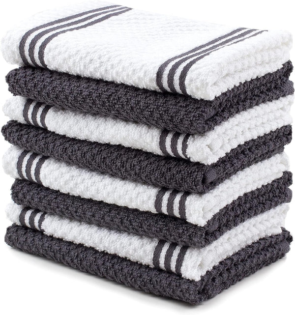 Sticky Toffee Cotton Kitchen Towels Dishcloths Set of 8, Gray and White Tea Towels, Reusable and Absorbent Cleaning Cloths, Oeko-Tex Cotton, 12 in X 12 In