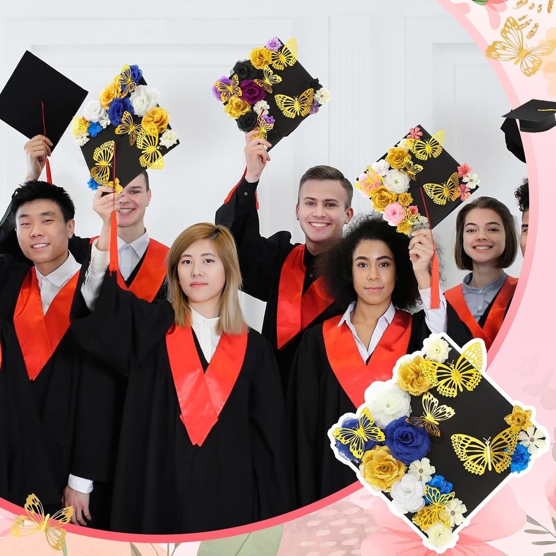 Knitgrip 27 Pcs DIY Graduation Cap Decorations Accessory Kit Include Faux Flower Heads and 3D Butterfly for Graduation Cap Decoration Home Decoration Craft Supplies(Blue Gold)