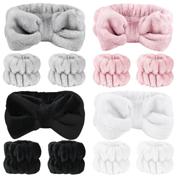 12 PCS Face Wash Headband Wristband Set for Women Girls, Soft Microfiber Facial Spa Hair Wraps Makeup Skincare Bath Headbands Wrist Bands for Washing Faceï¼ˆWhite, Pink, Gray, Blackï¼‰
