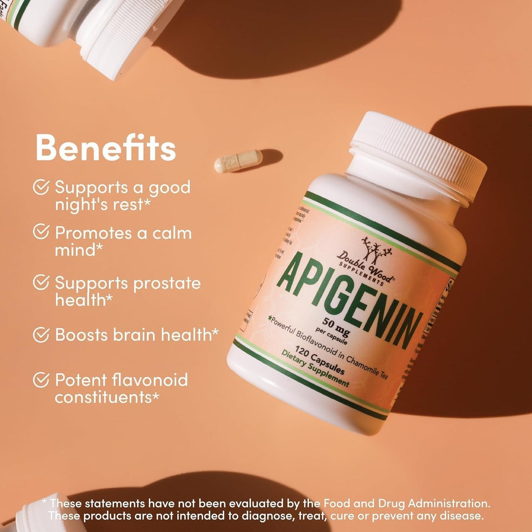 Apigenin Supplement - 50Mg per Capsule, 120 Count (Powerful Bioflavonoid Found in Chamomile Tea for Relaxation, Sleep, and Mood) Senolytic Flavonols for Aging (Gluten Free) by Double Wood