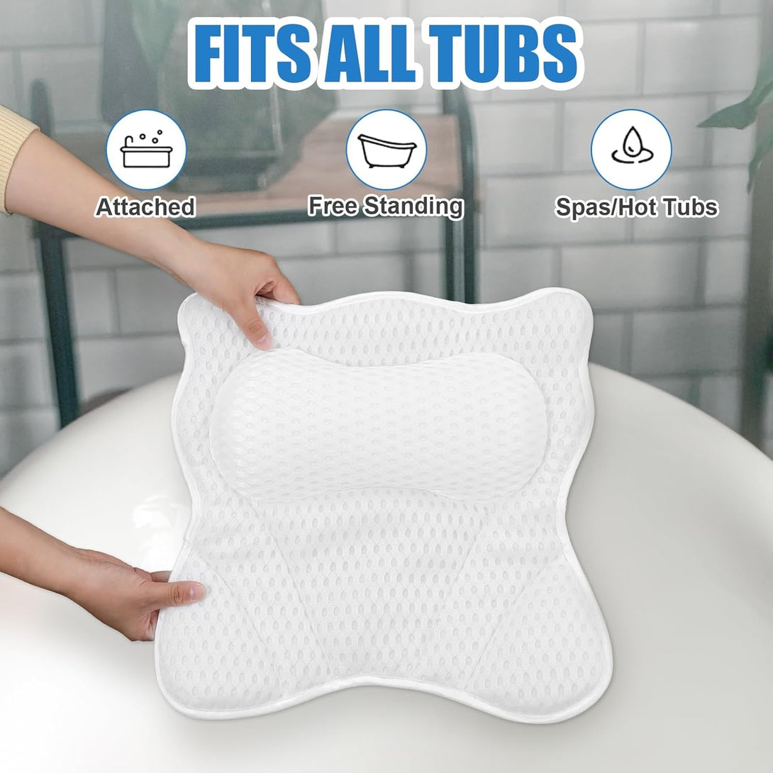 Thick Padded Ergonomic Bath Pillow for Tub, Support for Head Neck and Back, Slip-Resistant, Machine Washable Breathable Quick Dry Mesh Bathtub Headrest Pillows, Spa Rest Accessories, White
