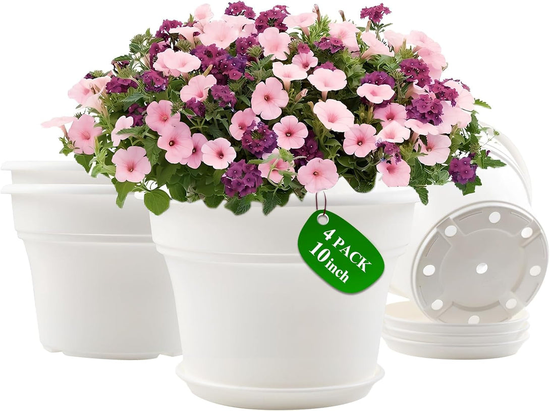 10 Inch Plastic-Flower-Pot-For-Indoor-Plants, 4 Pack Large Outdoor Planter Pot with Drainage Holes & Saucers, Resin Decorative Garden Pots Planters